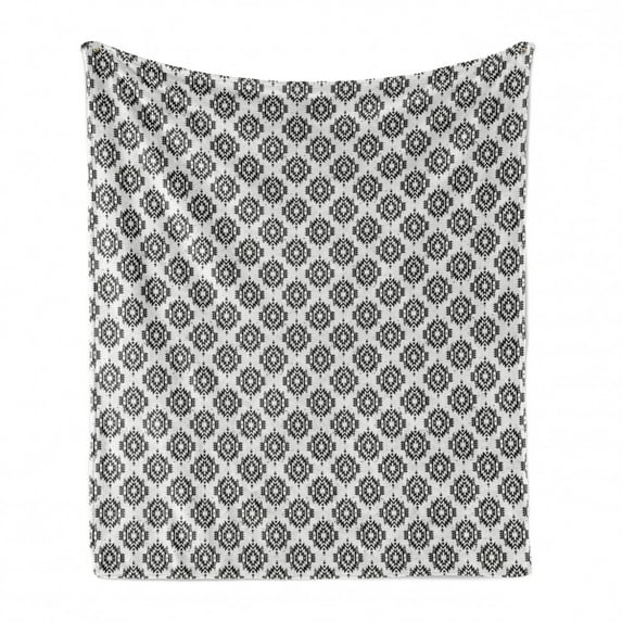 Tribal Soft Flannel Fleece Throw Blanket, Grunge Monochrome Motifs with Cultural Origins Indigenous Abstract, Cozy Plush for Indoor and Outdoor Use, 50" x 70", Black White, by Ambesonne