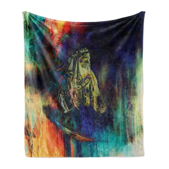 Tribal Soft Flannel Fleece Throw Blanket, Grungy Futuristic Design of Foreman Bull with Motley Effect, Cozy Plush for Indoor and Outdoor Use, 60" x 80", Multicolor, by Ambesonne