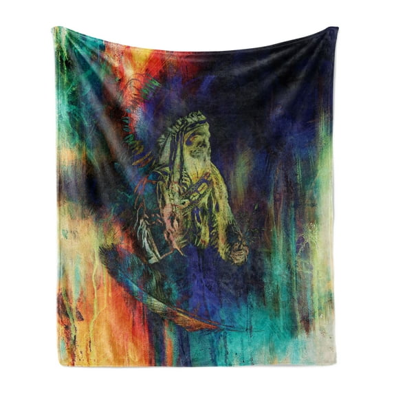 Tribal Soft Flannel Fleece Throw Blanket, Grungy Futuristic Design of Foreman Bull with Motley Effect, Cozy Plush for Indoor and Outdoor Use, 70" x 90", Multicolor, by Ambesonne