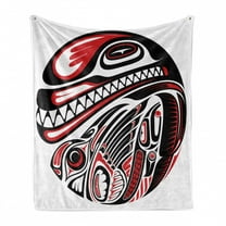 Tribal Soft Flannel Fleece Throw Blanket, Haida Style Animal Art Wild Eagle and Killer Dog Sharp Teeth Print, Cozy Plush for Indoor and Outdoor Use, 50" x 60", White Red Black, by Ambesonne