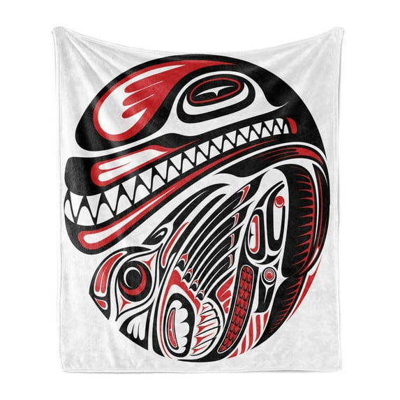 Tribal Soft Flannel Fleece Throw Blanket, Haida Style Animal Art Wild Eagle and Killer Dog Sharp Teeth Print, Cozy Plush for Indoor and Outdoor Use, 50" x 70", White Red Black, by Ambesonne
