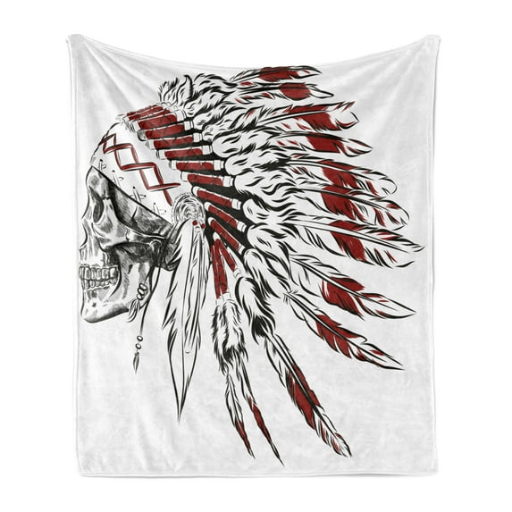Tribal Soft Flannel Fleece Throw Blanket, Hand Drawn Feather Headdress with Human Skull Vintage Art, Cozy Plush for Indoor and Outdoor Use, 70" x 90", Burgundy Black White, by Ambesonne