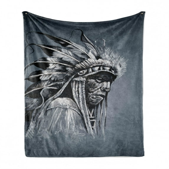 Tribal Soft Flannel Fleece Throw Blanket, Hand Drawn Tribe Chief Head with Feathers Vintage Style Art, Cozy Plush for Indoor and Outdoor Use, 50" x 60", Grey Black White, by Ambesonne