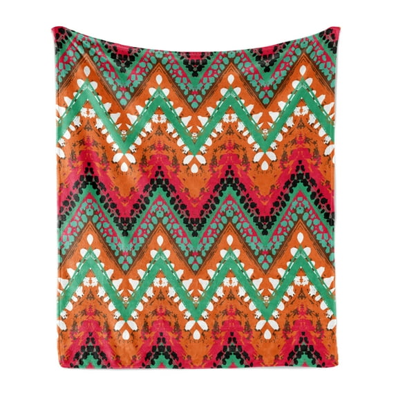 Tribal Soft Flannel Fleece Throw Blanket, Hand Paint Zigzag Pattern Effects Brushstrokes, Cozy Plush for Indoor and Outdoor Use, 70" x 90", Sea Green Marigold, by Ambesonne