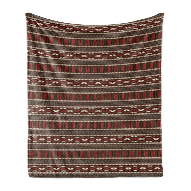 Tribal Soft Flannel Fleece Throw Blanket, Horizontal Borders Ikat Prehistoric Style Pattern, Cozy Plush for Indoor and Outdoor Use, 60" x 80", Black Ruby White, by Ambesonne