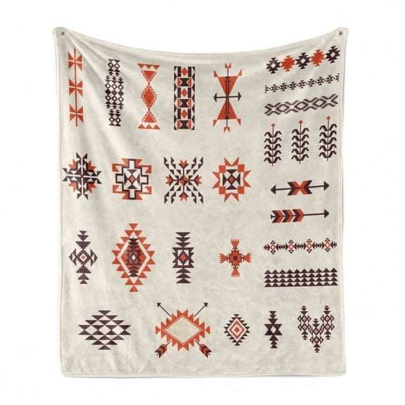Tribal Soft Flannel Fleece Throw Blanket, Illustration of Aztec Culture Pattern Tribal Design Geometric Print, Cozy Plush for Indoor and Outdoor Use, 70" x 90", Orange and Brown, by Ambesonne