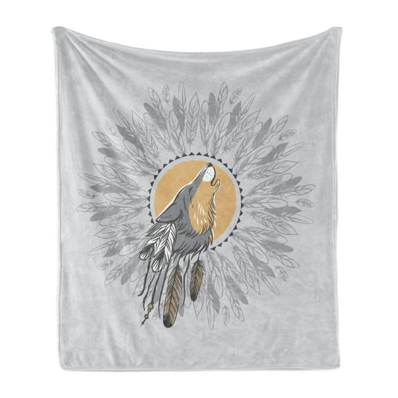 Tribal Soft Flannel Fleece Throw Blanket, Illustration of a Howling Wolf with Feathers, Cozy Plush for Indoor and Outdoor Use, 50" x 70", Grey Peach Purpleblue, by Ambesonne