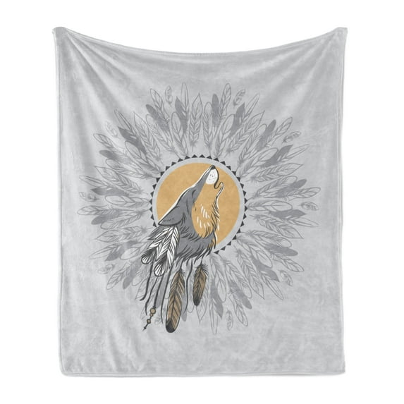 Tribal Soft Flannel Fleece Throw Blanket, Illustration of a Howling Wolf with Feathers, Cozy Plush for Indoor and Outdoor Use, 50" x 70", Grey Peach Purpleblue, by Ambesonne