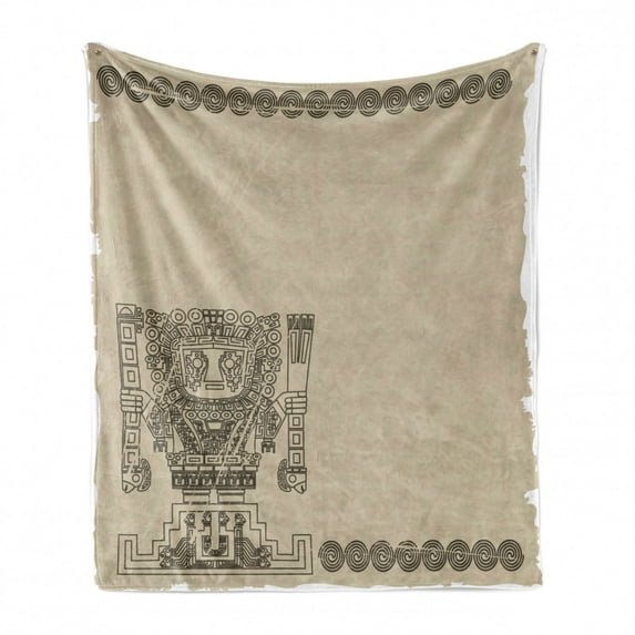 Tribal Soft Flannel Fleece Throw Blanket, Mayan and Inca Tribal Superstition Prehistoric Relic Archeology, Cozy Plush for Indoor and Outdoor Use, 70" x 90", Tan Army Green, by Ambesonne