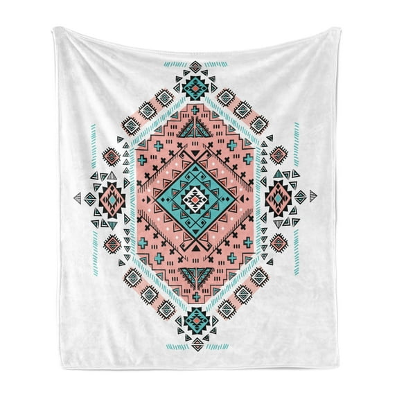 Tribal Soft Flannel Fleece Throw Blanket, Mexican Symmetrical Design 4 Corner Art Pattern, Cozy Plush for Indoor and Outdoor Use, 50" x 60", Teal and Coral Pink, by Ambesonne