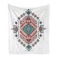 thumbnail image 1 of Tribal Soft Flannel Fleece Throw Blanket, Mexican Symmetrical Design 4 Corner Art Pattern, Cozy Plush for Indoor and Outdoor Use, 70" x 90", Teal and Coral Pink, by Ambesonne, 1 of 5