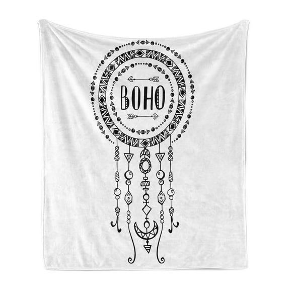 Tribal Soft Flannel Fleece Throw Blanket, Minimalist Boho Style Form Folkloric Image, Cozy Plush for Indoor and Outdoor Use, 50" x 60", Black White, by Ambesonne