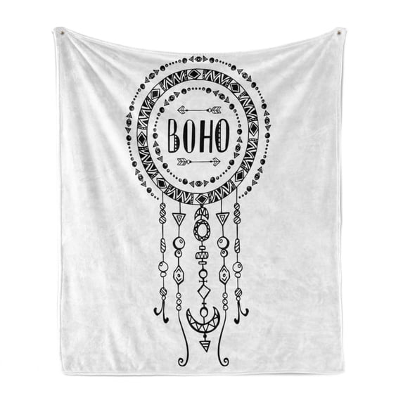 Tribal Soft Flannel Fleece Throw Blanket, Minimalist Boho Style Form Folkloric Image, Cozy Plush for Indoor and Outdoor Use, 70" x 90", Black White, by Ambesonne