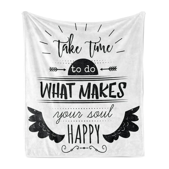 Tribal Soft Flannel Fleece Throw Blanket, Monochrome Do What Makes Your Soul Happy Words with Wing Arrow Motifs, Cozy Plush for Indoor and Outdoor Use, 50" x 60", Black and White, by Ambesonne