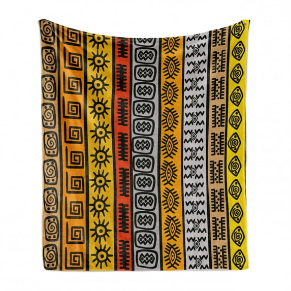 Tribal Soft Flannel Fleece Throw Blanket, Motifs with Hand Drawn Style Borders Pattern Artwork, Cozy Plush for Indoor and Outdoor Use, 70" x 90", Black Orange and Yellow, by Ambesonne