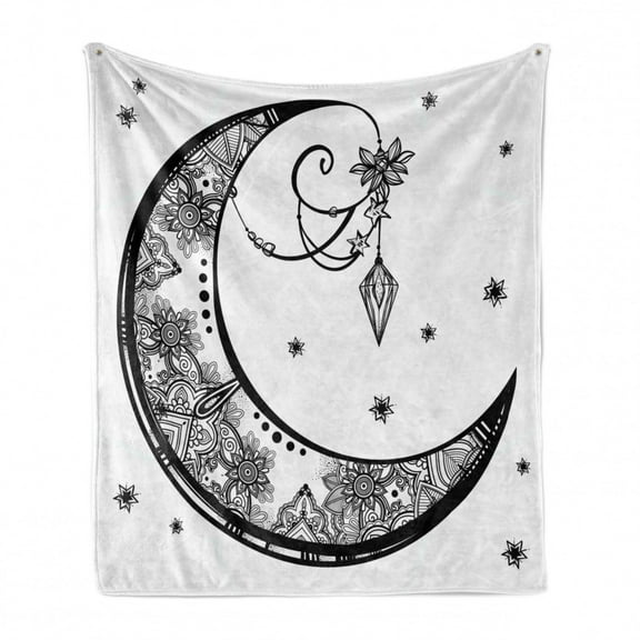 Tribal Soft Flannel Fleece Throw Blanket, Paisley Floral Moon Crescent Gem Astrology Inspired Design Print, Cozy Plush for Indoor and Outdoor Use, 50" x 70", Black and White, by Ambesonne