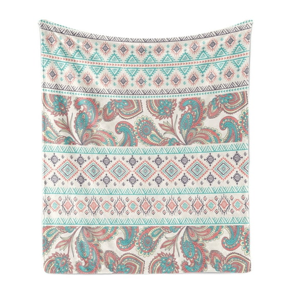 Tribal Soft Flannel Fleece Throw Blanket, Paisley Patterns in Native in Mixed Pattern Floral Design, Cozy Plush for Indoor and Outdoor Use, 60" x 80", Cream Aqua and Coral, by Ambesonne