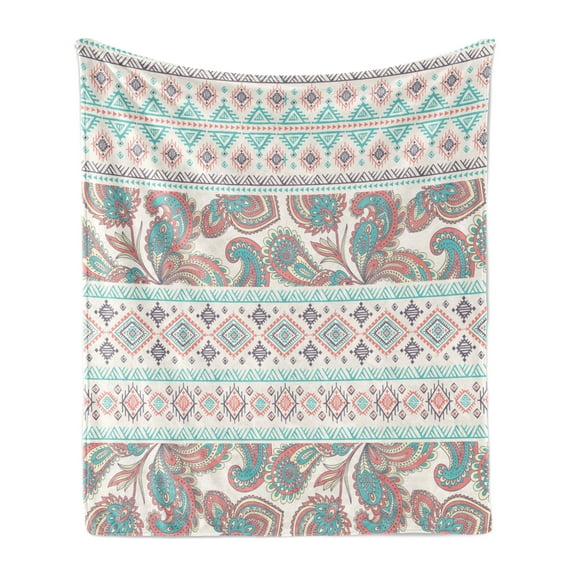 Tribal Soft Flannel Fleece Throw Blanket, Paisley Patterns in Native in Mixed Pattern Floral Design, Cozy Plush for Indoor and Outdoor Use, 60" x 80", Cream Aqua and Coral, by Ambesonne