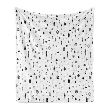 Tribal Soft Flannel Fleece Throw Blanket, Plain Background with Arrows Feathers and Aztec Native Style Geometric Print, Cozy Plush for Indoor and Outdoor Use, 50" x 70", Black and White, by Ambesonne