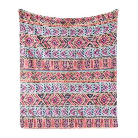 Tribal Soft Flannel Fleece Throw Blanket, Retro Spring Vintage Pattern, Cozy Plush for Indoor and Outdoor Use, 60" x 80", Pale Blue Indigo, by Ambesonne