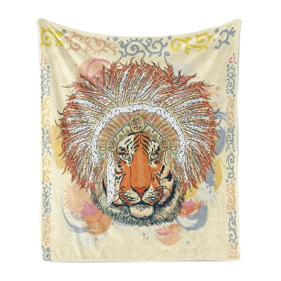 Tribal Soft Flannel Fleece Throw Blanket, Safari Tiger Portrait with Chef Feathers Bohemian Design, Cozy Plush for Indoor and Outdoor Use, 50" x 60", Orange Peach, by Ambesonne