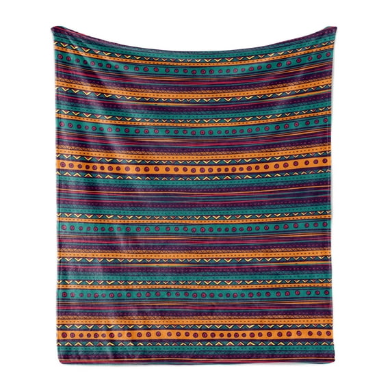 Tribal Soft Flannel Fleece Throw Blanket, Striped Retro Pattern Rich Mexican Color Folkloric Print, Cozy Plush for Indoor and Outdoor Use, 60" x 80", Teal Plum and Orange, by Ambesonne