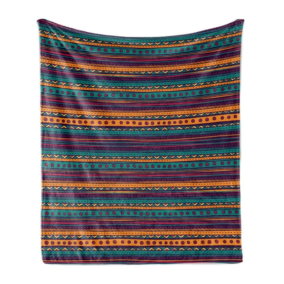 Tribal Soft Flannel Fleece Throw Blanket, Striped Retro Pattern Rich Mexican Color Folkloric Print, Cozy Plush for Indoor and Outdoor Use, 60" x 80", Teal Plum and Orange, by Ambesonne