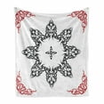 thumbnail image 1 of Tribal Soft Flannel Fleece Throw Blanket, Style Tattoo Circular Vector Art Leaves Like Frame Modern Print, Cozy Plush for Indoor and Outdoor Use, 50" x 60", Black White and Ruby, by Ambesonne, 1 of 6