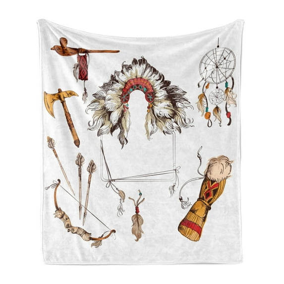 Tribal Soft Flannel Fleece Throw Blanket, Tomahawk Native Chef Dreamcatcher Feather Old World Motifs Image, Cozy Plush for Indoor and Outdoor Use, 50" x 70", Marigold Beige, by Ambesonne