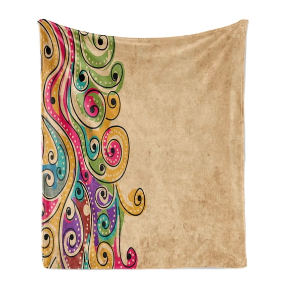 Tribal Soft Flannel Fleece Throw Blanket, Traditional Folk Art Pattern with Hand Drawn Spiral Colorful Forms Image, Cozy Plush for Indoor and Outdoor Use, 70" x 90", Multicolor, by Ambesonne
