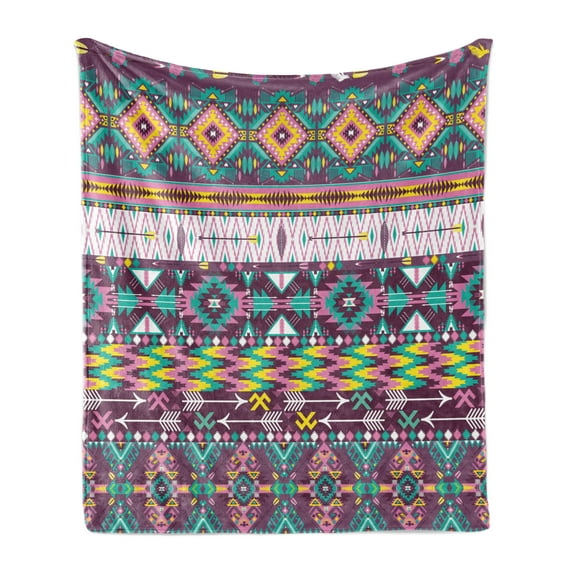 Tribal Soft Flannel Fleece Throw Blanket, Traditional Pattern Geometrics and Arrows Art, Cozy Plush for Indoor and Outdoor Use, 50" x 60", Teal Purple Yellow, by Ambesonne