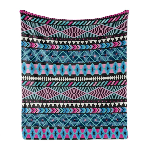 Tribal Soft Flannel Fleece Throw Blanket, Vector Vintage Style with Boho Stripes and Shape Image Print, Cozy Plush for Indoor and Outdoor Use, 50" x 70", Dark Blue Hot Pink, by Ambesonne