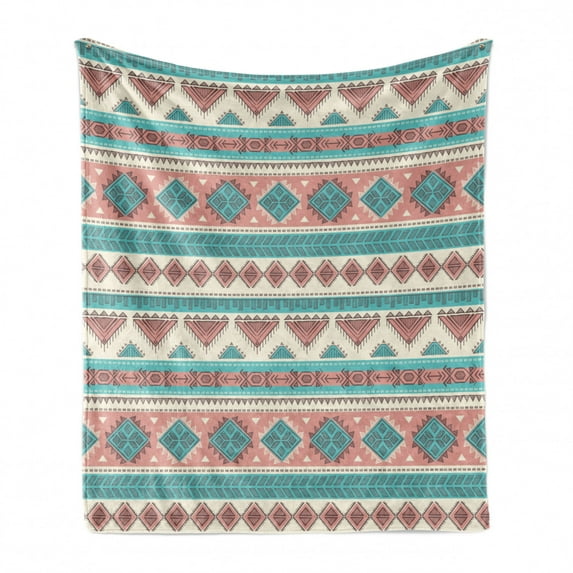 Tribal Soft Flannel Fleece Throw Blanket, Vintage Design Native Style Geometric Triangles Print, Cozy Plush for Indoor and Outdoor Use, 60" x 80", Cream Aqua and Peach, by Ambesonne