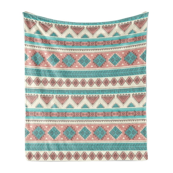 Tribal Soft Flannel Fleece Throw Blanket, Vintage Design Native Style Geometric Triangles Print, Cozy Plush for Indoor and Outdoor Use, 70" x 90", Cream Aqua and Peach, by Ambesonne