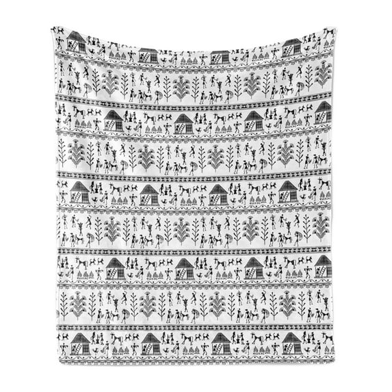 Tribal Soft Flannel Fleece Throw Blanket, Warli Art with Tribal in Rural Folk Elements, Cozy Plush for Indoor and Outdoor Use, 50" x 60", Black White, by Ambesonne