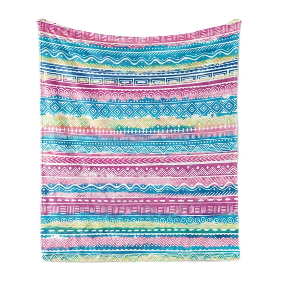 Tribal Soft Flannel Fleece Throw Blanket, Watercolor Tie Dye Effect Artwork Stripes Aquatic Theme Bohemian Aztec Print, Cozy Plush for Indoor and Outdoor Use, 50" x 60", Blue Pink Cream, by Ambesonne