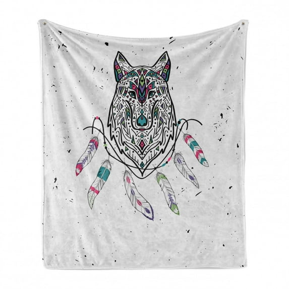 Tribal Soft Flannel Fleece Throw Blanket, Wild and Free Inspirational Artwork Wolf Boho Feathers Print, Cozy Plush for Indoor and Outdoor Use, 70" x 90", Pale Grey Pink Teal, by Ambesonne