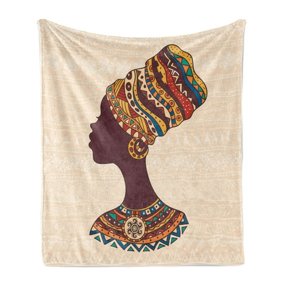 Tribal Soft Flannel Fleece Throw Blanket, Woman in Traditional Fashion Dress Portrait Glamour Graphic, Cozy Plush for Indoor and Outdoor Use, 60" x 80", Cream and Brown, by Ambesonne