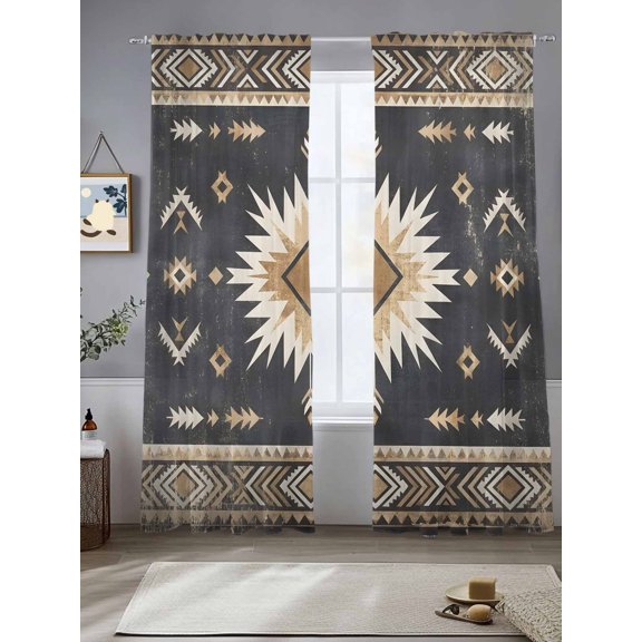 Tribal Southwestern Arrow Texture Chiffon Sheer Curtains 84 Inches Long Retro Black Brown Sunburst Rod Pocket Window Curtains Voile Drapes Curtains for Living Room Bedroom,2 Panels