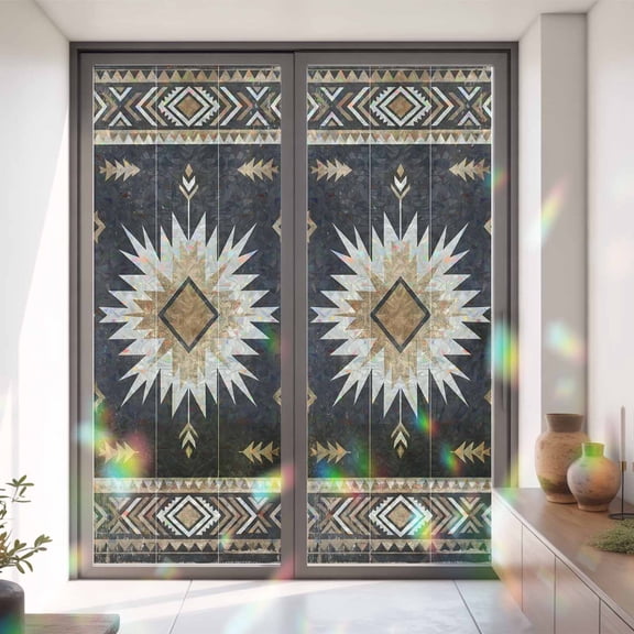 Tribal Southwestern Arrow Texture Window Privacy Film,Decorative Windows Static Cling Retro Black Brown Sunburst Heat Control Removable Glass Sticker for Home Bathroom Bedroom Window Door,35x79in