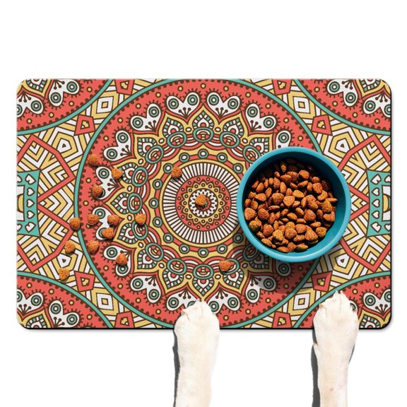 Tribal Spiritual Mandala Pet Bowl Mat - Large Food/Water Placemat with Vintage Artistic Designs, Easy Wipe Clean Surface