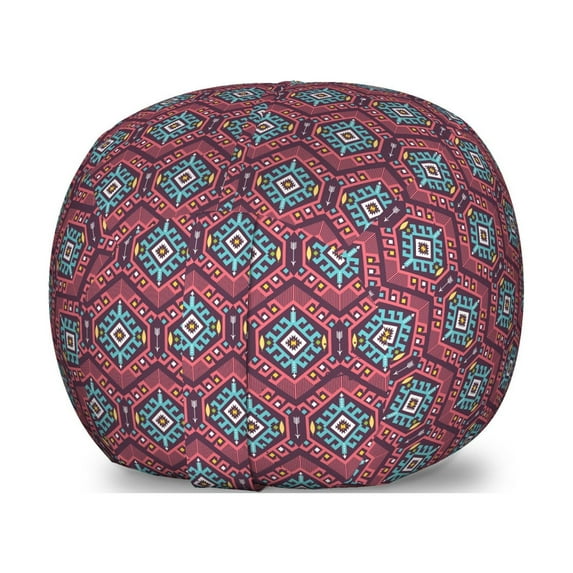 Tribal Storage Toy Bag Chair, Hipster Tribal Pattern Geometric Elements Typographic Text, Stuffed Animal Organizer Washable Bag, Small Size, Dark Coral Turquoise, by Ambesonne