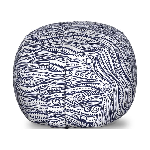 Tribal Storage Toy Bag Chair, Vintage with Wavy Curved Lines and Little Triangles Folk Prehistoric Print, Stuffed Animal Organizer Washable Bag, Large Size, Dark Blue White, by Ambesonne