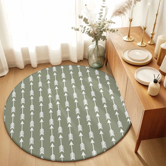 Tribal Style Arrows Feathers Round Area Rug 3ft,Living Room Rug Non-Slip Washable Circle Rugs Pad,Solid Color Green Background Soft Floor Carpet for Bedroom Dining Room