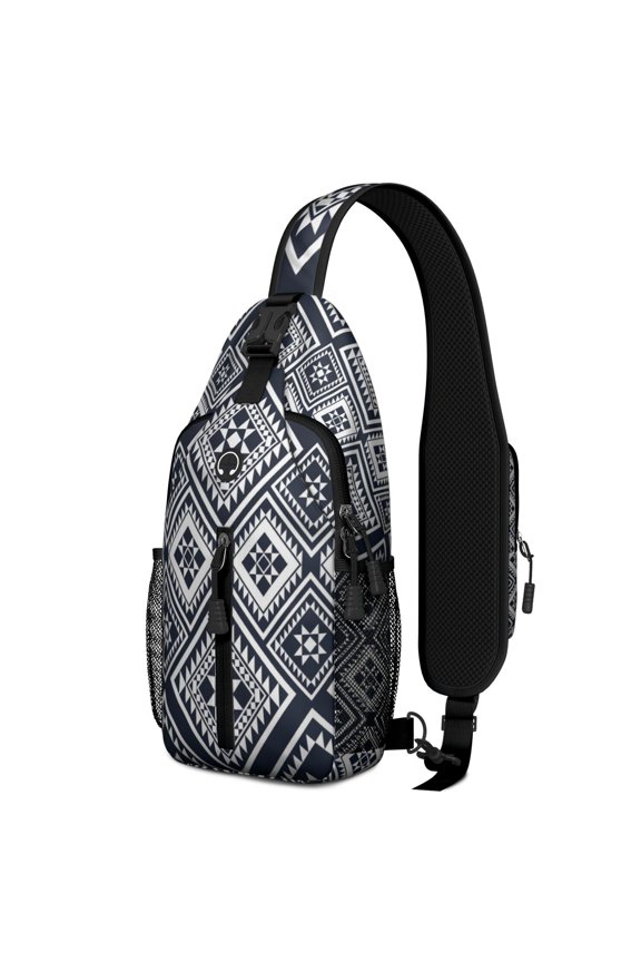 Tribal Style Crossbody Backpack, Abstract Geometric Sling Bag in Rustic Folk Style for Outdoor Adventures