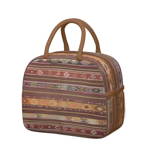 Tribal Style Lunch Bag for Women, Reusable Thermal Tote with Ethnic Patterns for Bohemian Style Lovers, Office or School