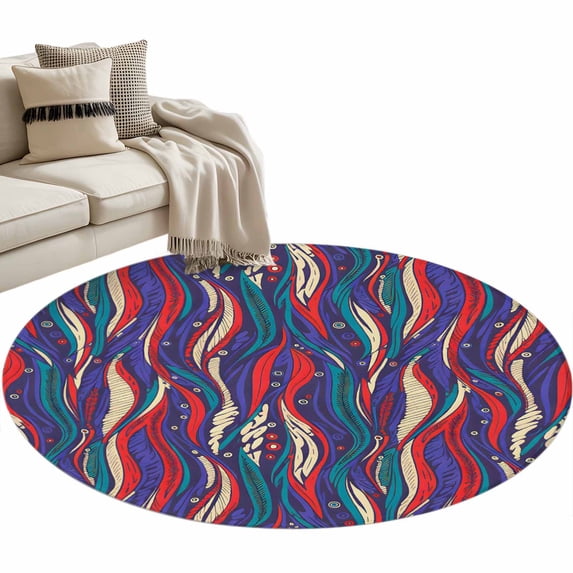 Tribal Style Round Area Rugs 3 ft, Abstract Boho Ethnic Feather Leaf Washable Small Area Rug with Non-Slip Sturdy Edge Binding Round Front Door Mat Floor Carpet for Entryway
