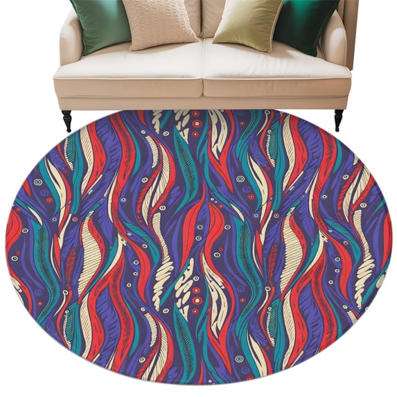Tribal Style Round Living Room Rugs 7 ft, Abstract Boho Ethnic Feather Leaf Washable Area Rug with Non-Slip Sturdy Edge Binding Round Carpet for Kitchen Office Bedroom