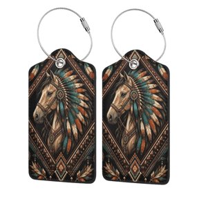 Tribal Style Running Horse Art Luggage Tag for Suitcase 2 Pack Leather Travel Bag Baggage Identifiers Privacy Cover ID Label