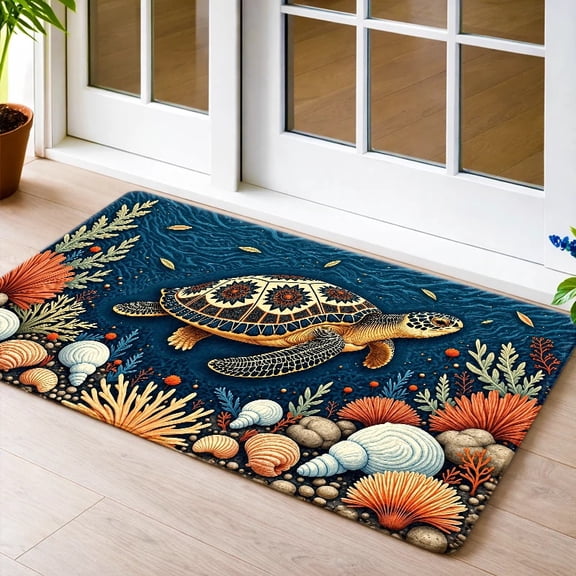 Tribal-Style Sea Turtle Doormat Features A Single Turtle With Intricate Shell Patterns, Surrounded By Coral And Shells. Made Of Soft, Absorbent Fabric With A Non-Slip Backing, It Adds A Warm Coastal